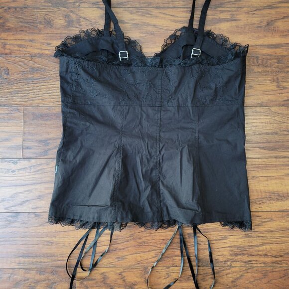 TRIPP NYC Hot Topic Skull Embroidery Zip-Up Black Ruffle Lace Corset Top sz XL - Picture 8 of 9